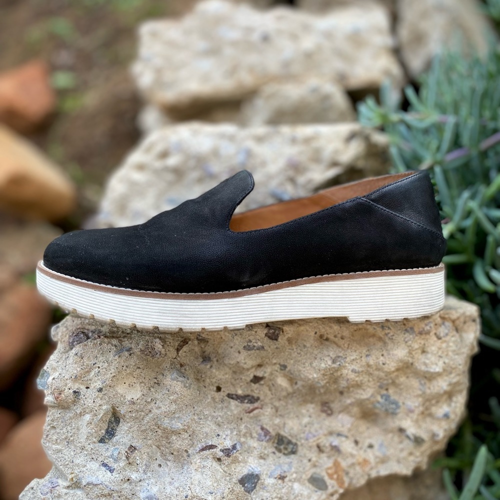 Franco Sarto black suede upper white sole.